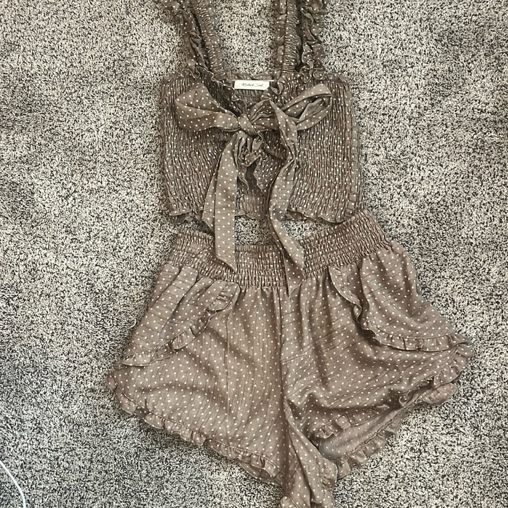 Brown and white polka dot crop top and short set, size small